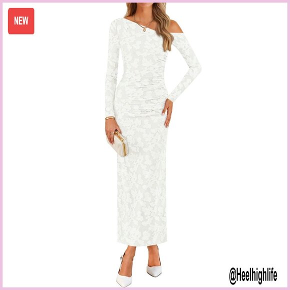 Long Sleeve Off Shoulder Bodycon Maxi Dress Ruched Cocktail Party